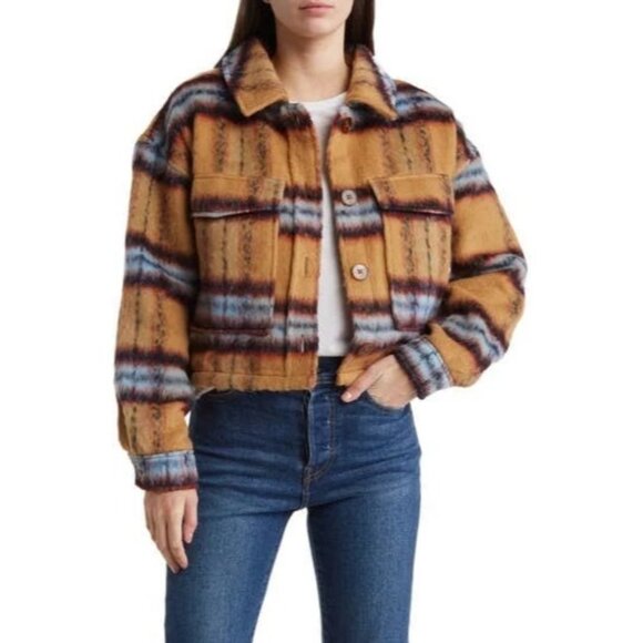 Vigoss M Brushed Plaid Crop Jacket Faux Fur Aztec Western Shacket Chest Pocket - Picture 2 of 16